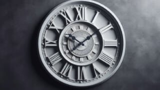 Das Bild zeigt eine Uhr mit Ziffernblatt und Uhrzeigern an einer dunkelgrauen Wand.
